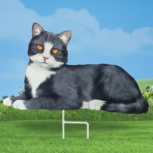 Realistic Tuxedo CAT with SOLAR Eyes Garden Stake Iron Outdoor Yard Art Decor - Picture 3 of 4