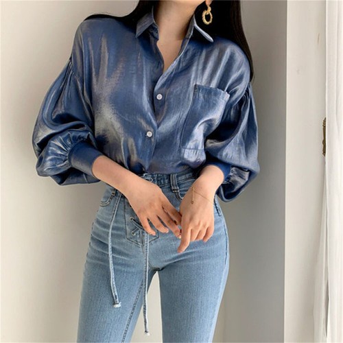 Blusa metálica con botones para mujer manga larga burbuja cuello en V camisas de fiesta brillantes - Imagen 4 de 7