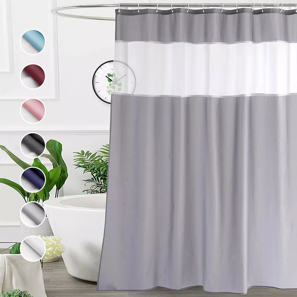 Extra Long Shower Curtain 84 Inch Light Grey and White Fabric