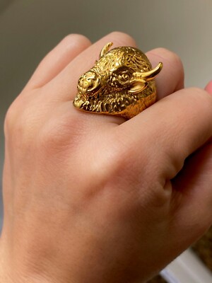 SOLID 14k Gold Finish Bulls Head Ring Size 6-13 New Drop