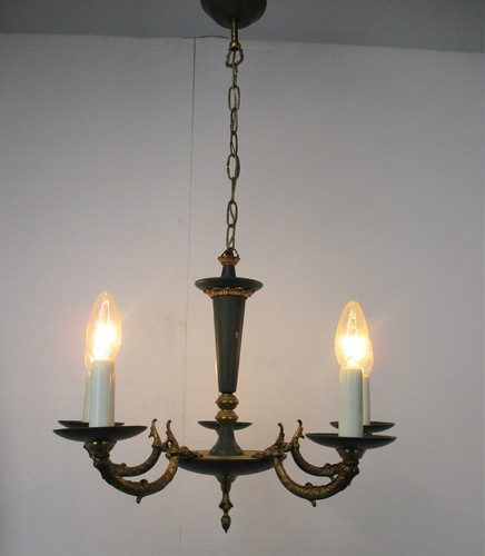 French Empire Chandelier Green Tole Brass 5 arms Hollywood Regency Toleware - Picture 2 of 8