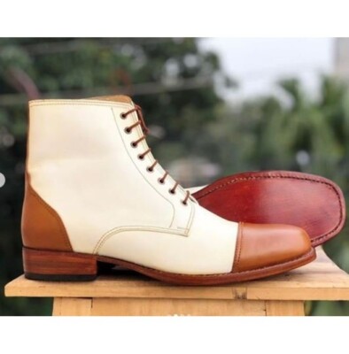 Handmade Mens Lace Up High Ankle Cap Toe Dress Boots, Real Leather Office  Boot | eBay