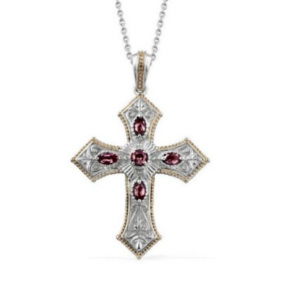 TGW 0,870 Cts. Gravierter Rhodolith Granat Kreuz Anhänger mit 20'' Kette