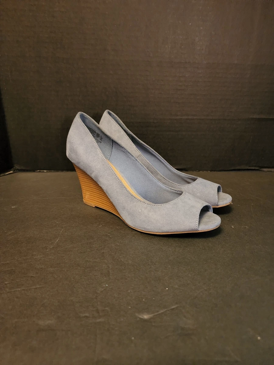 Dexflex Comfort Blue Tan Suede Peep Toe Wedges Women s Size 8 eBay