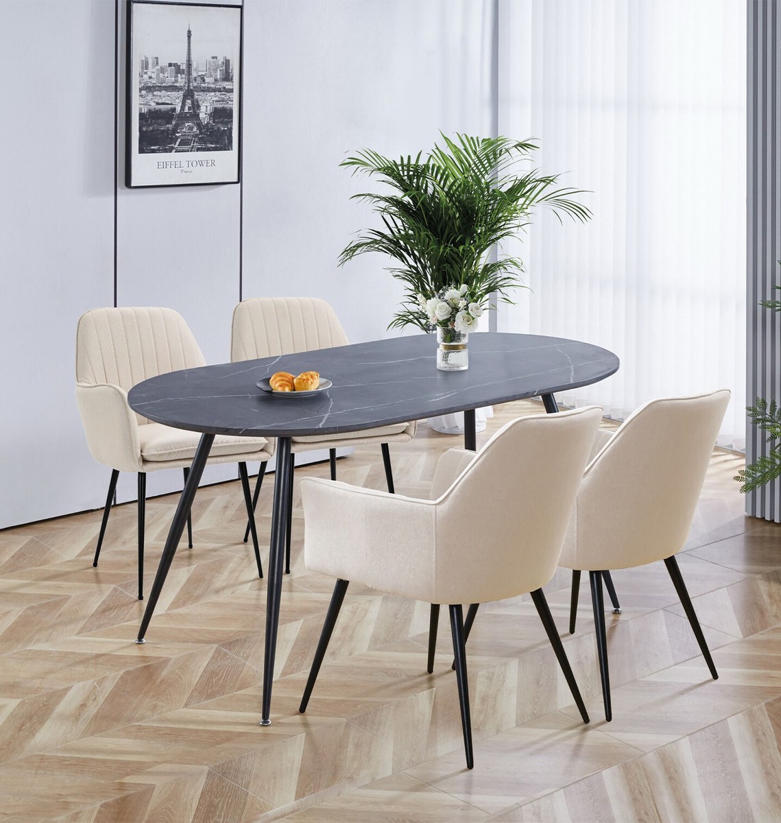 Dining Table Set, Large Grey Oval Table (160cm) and Beige Arm Dining  Chairs