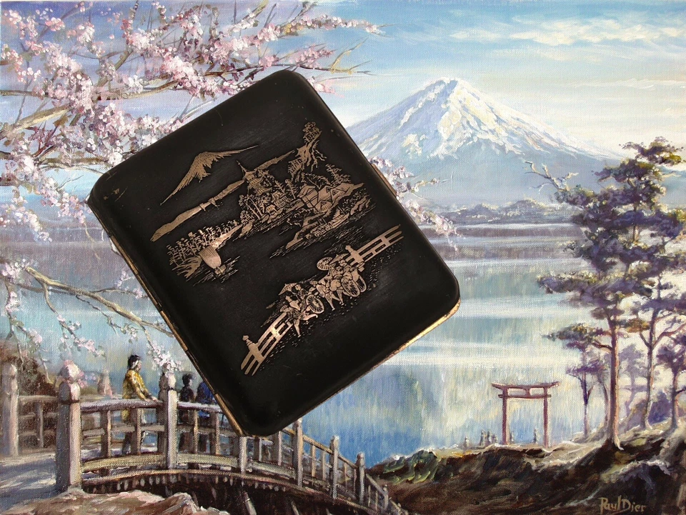 MAKI-E JAPONÉS ORO 24K - Kawaguchiko City - Estuche de cigarrillos vintage 1930 Meiji Foto 2 de 4