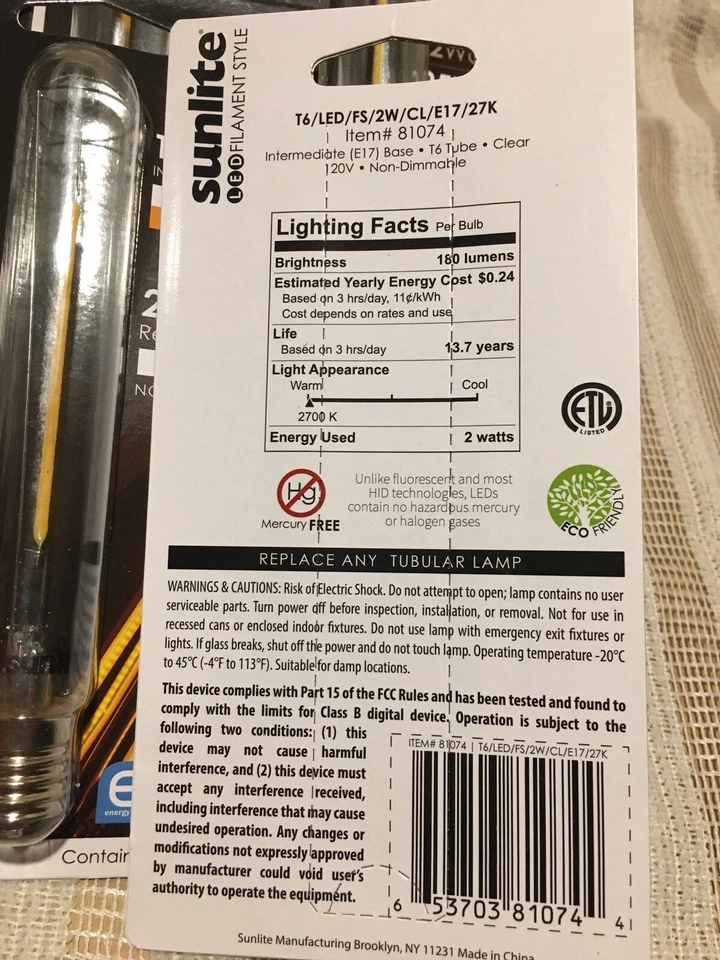 6 SUNLITE 81074 2 Watt T6 Lamp Candelabra (E17) Base 2700K Warm White 180 Lumens - Image 3 of 3