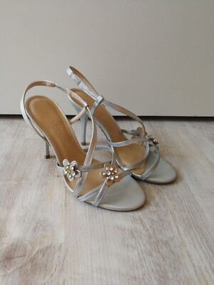 VIA UNO Sandalen Sandaletten Silber mit Blumen und Strasssteine Gr.37