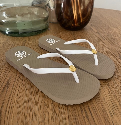 TORY BURCH Flip Flops 7 Tan White Flats Thin Strap Sandals - Picture 2 of 4