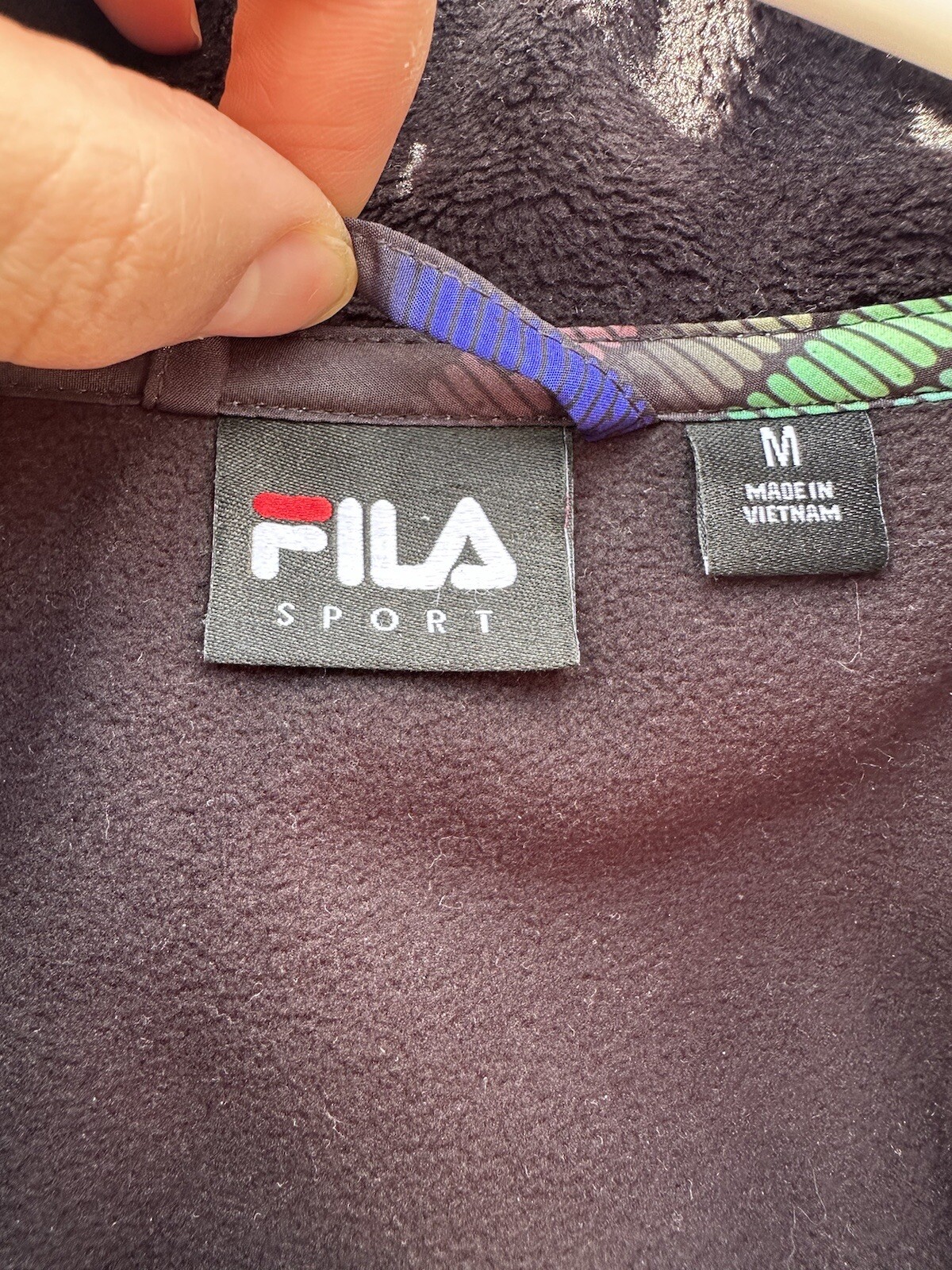 FILA SPORT giacca pile nero full zip donna M anni 90 stampa geometrica ombreggiata retrò