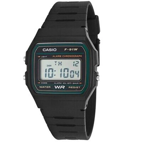 Casio F-91W-3 Black & Green Classic Digital Unisex Watch with Alarm & Stopwatch - Picture 1 of 3