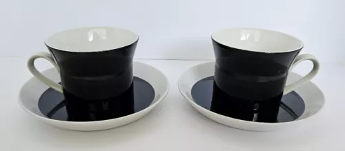 Vtg Retro 1970s Mikasa Duplex Black Ben Seibel 2 Sets Flat Cups & Saucers MCM
