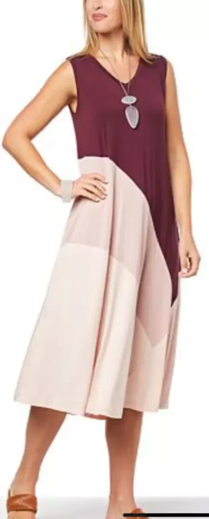 WynneLayers Maxi Dress Size Small S Burgundy Colorblock Sleeveless V Neck Jersey-image