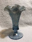 Fenton Carnival Glass Light Blue Opalescent Daffodils Ruffled Top Vase PERFECT