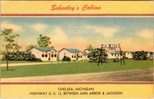 Chelsea, MI Michigan  SCHOOLEY'S CABINS Highway 12 Roadside Motel 1950 Postcard