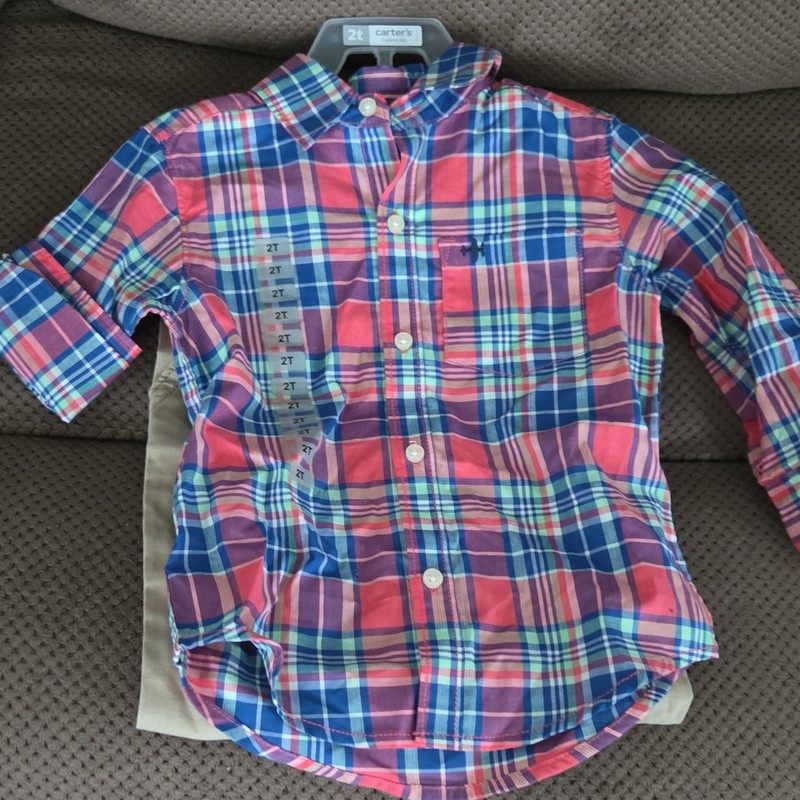 Carter's Boys 2T 2pc Plaid Long Sleeve Button-Up Shirt & Khaki Pants Set