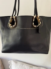 Joan Vass Genuine Leather Tote Bag Gold Stud Hardware Shoulder Horseshoe Black