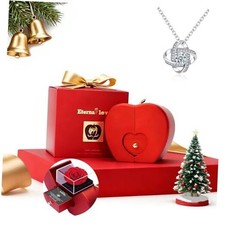 Preserved Red Rose with Lucky Four Leaf Clover Necklace,Gifts for Silver