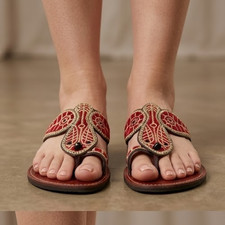Women Slippers Leather Handmade Indian Casual Slip Ons Flats US 6