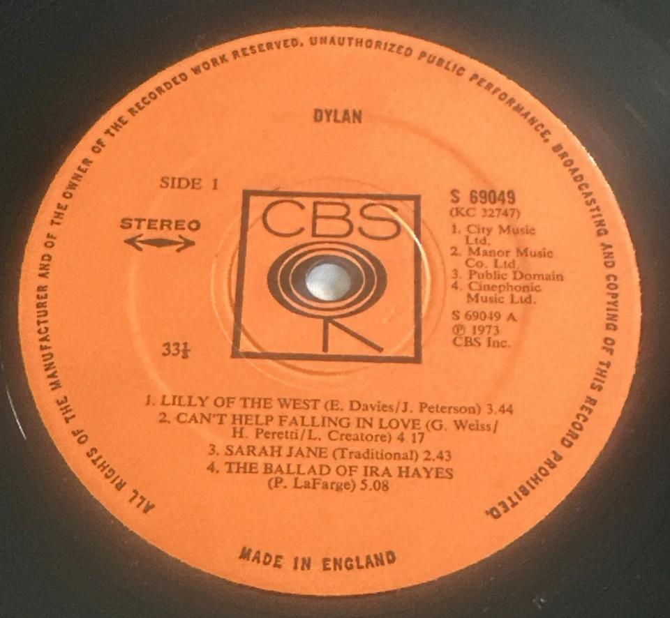 Bob Dylan ~  Dylan LP vinyl UK Cbs S 69049 EX / EX - Image 4 of 4