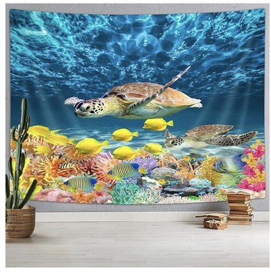 Sea Turtle Tapestry,Ocean Under Water World Tropical Fish Coral Reef Coastal