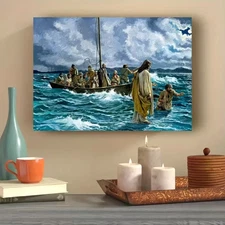 Christian Jesus Walking on Water Wall Art Peter Sinking Bible Story Canvas Print