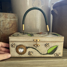 VTG Enid Collins of Texas Wooden Box Bag Paper Mache Flowers Jewels