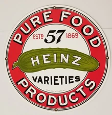 Vintage Heinz Pure Food Products Sign With Pickle Logo Porcelain Sign 11.25"