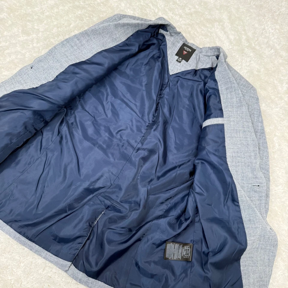 Blazer Guess Para Hombre M Mediano Azul Melange Patrón Un Pecho Solapa Ofoce Foto 4 de 4