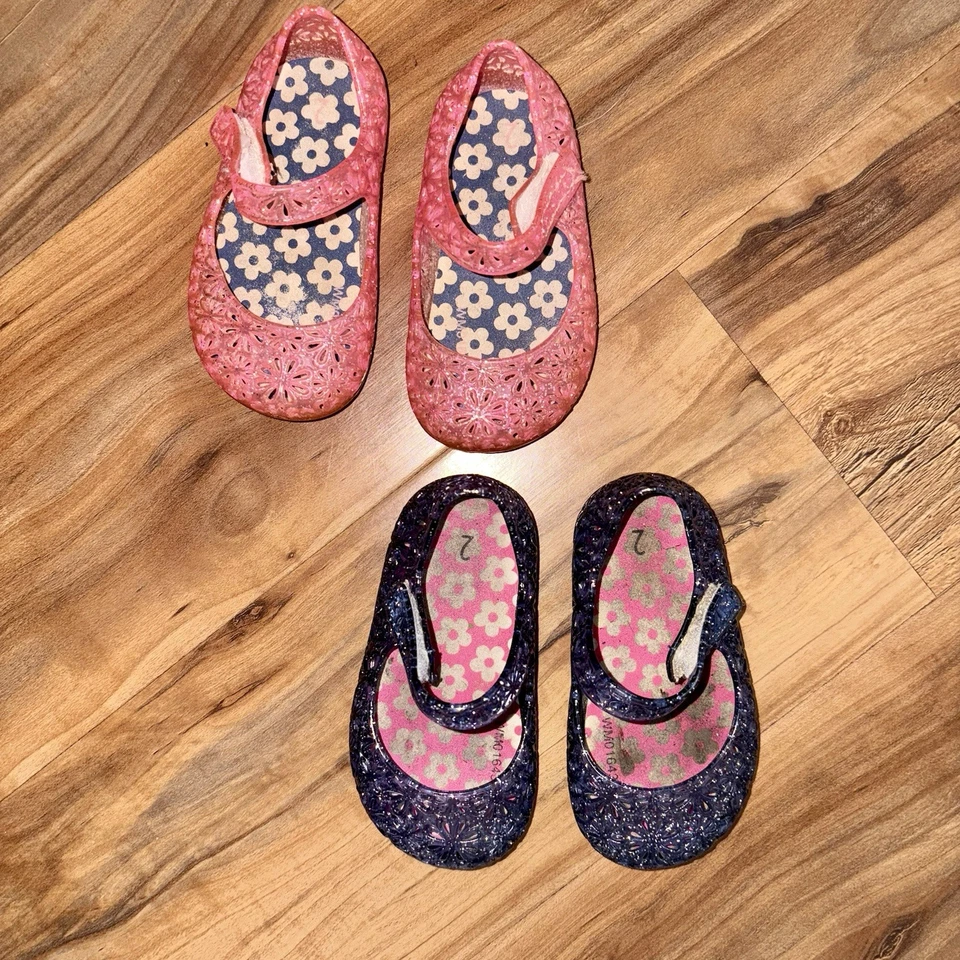 Dos pares lindos zapatos de gelatina de bebé - talla 2 (3-6mos) y2k niña rosa púrpura Foto 2 de 3