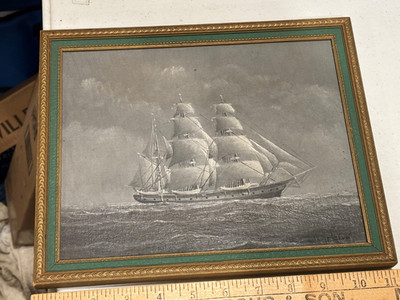 1940s Whaling Ship portrait painting oil on board signed L Hodgdon