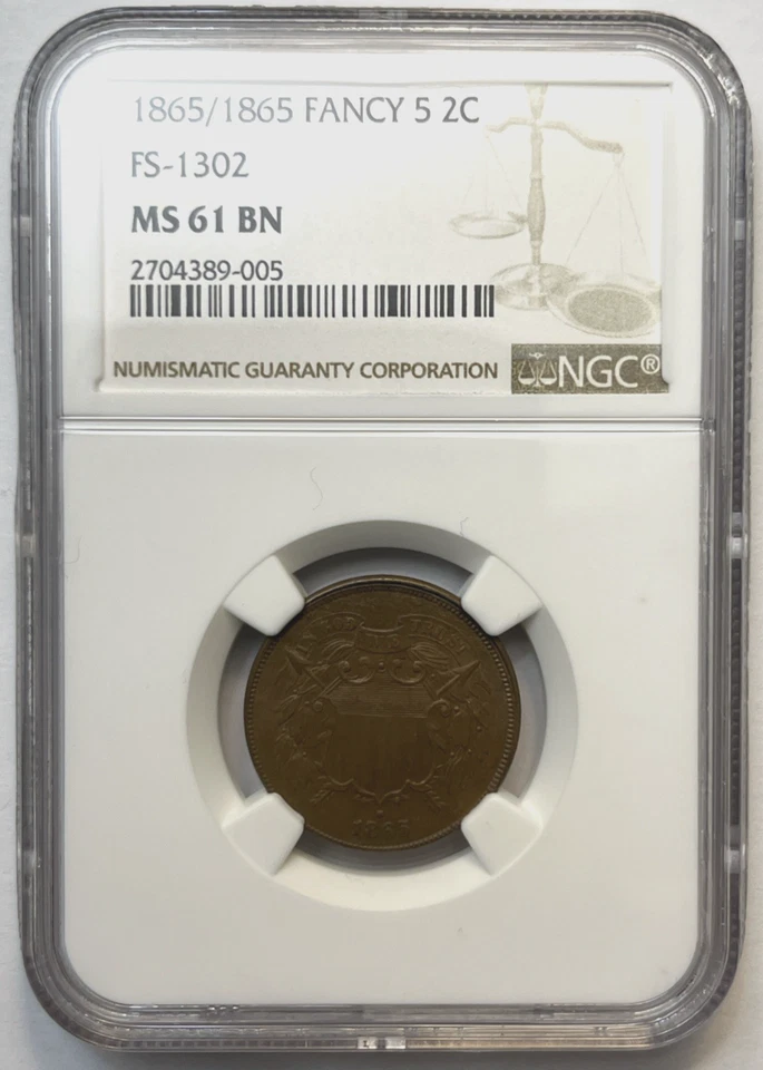 Rare 1865/1865 Repunch Date Variety FS-1302 Two cent piece NGC MS-61 BN BROWN - Image 3 of 4