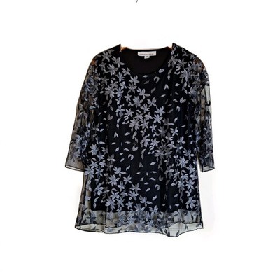 Caroline Rose Black Gray Floral Notes Layered Sheer Overlay Tunic Top Size SP