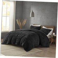 Blair Ruched Faux Fur Comforter Set - Luxurious Bed Cover King/Cal King Black