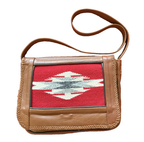 Vintage BohoWestern Leather Shoulder Bag Purse Navajo Red-Gray Woven Rug Designs