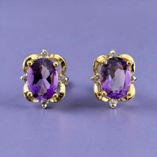 Vintage 14K Yellow Gold Amethyst Diamond Stud Earrings 1.50ctw 10.5mm