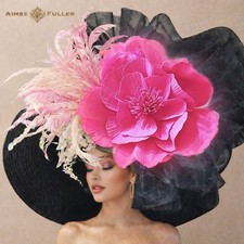Huge Kentucky Derby Hat Pink Flower Off-White Black Hat Royal Ascot Easter Hat