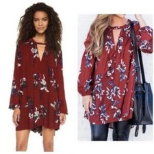 Free People Tree Swing Floral Oversize Flowy Long Sleeve Mini Tunic LG Dress