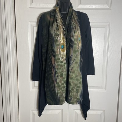 Adore Cardigan Women Small Black Peacock Feather Asymmetrical Hem Open Front