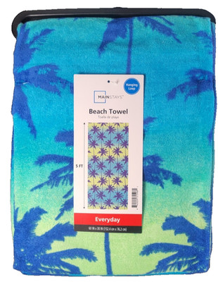 MAINSTAYS Beach Towel Palm Tree Blue Green Tropical Print 60x30 Cotton Blend