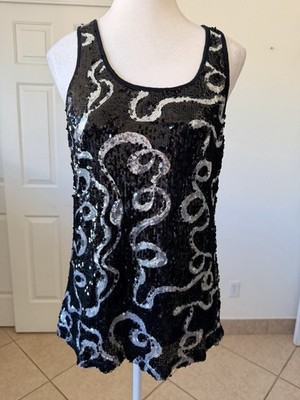 Dressbarn Women M Blouse Sequin Tank Top Black Silver Swirl