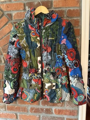 Desigual Kids Girls Jacket Coat Size 13/14 Hooded Multicolor Puffer Rainbow