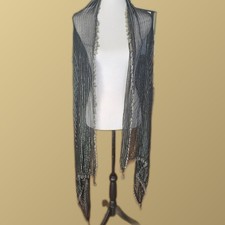 Sheer Black and Silver Striped Scarf with Beaded Fringe