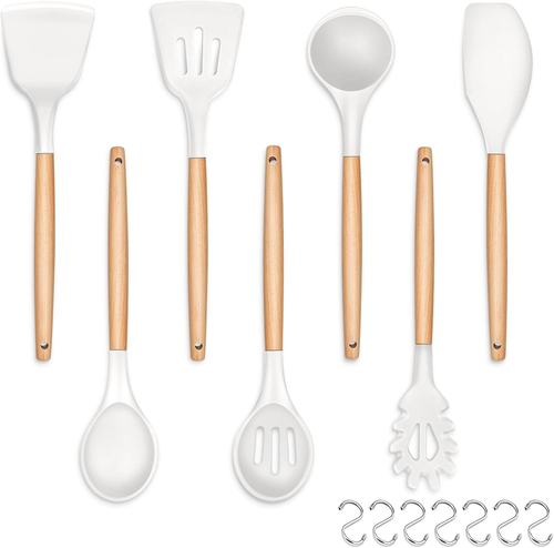 Set Di 7 Utensili Da Cucina in Silicone Bianco, Manico in Legno Resistente Al Ca - Foto 12 di 12