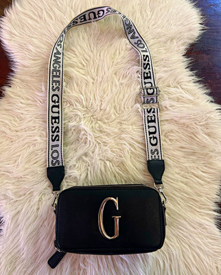 GUESS Black Crossbody Camera Bag Silver G Logo Wide Strap Double Zip Purse