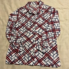 Vintage Sears Shirt Womens 14 White Red Blue Geometric Print Button Front 70s