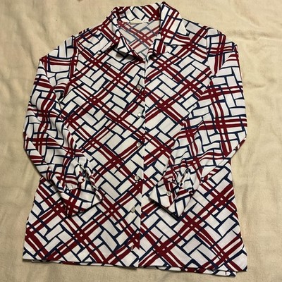 Vintage Sears Shirt Womens 14 White Red Blue Geometric Print Button Front 70s