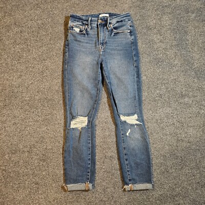 Good American Jean Women 25 Blue Good Waist Ankle Crop Stretch Distressed Casual