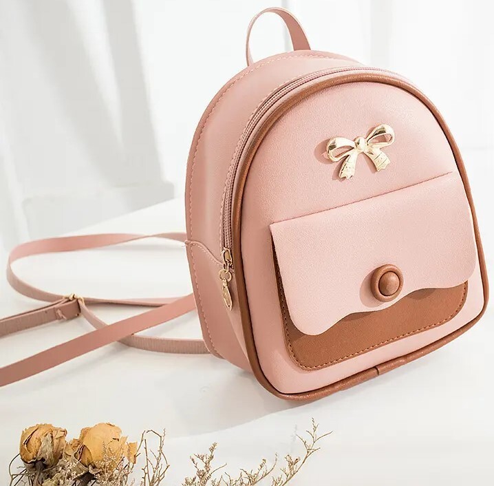Mini Backpack/Shoulder Bag with Golden Ribbon-Pink