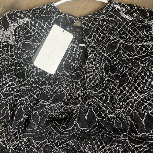 Zara Blouse Top Lace Ruffle Long Sleeve Size Medium Black White Floral Passover - Picture 9 of 11